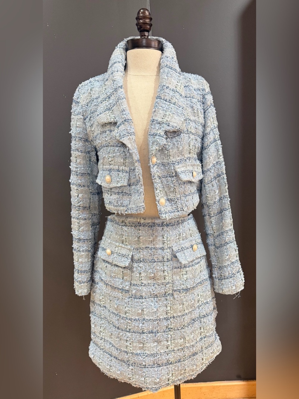 Cropped Bouclé Blazer and Skirt Set in Light Blue